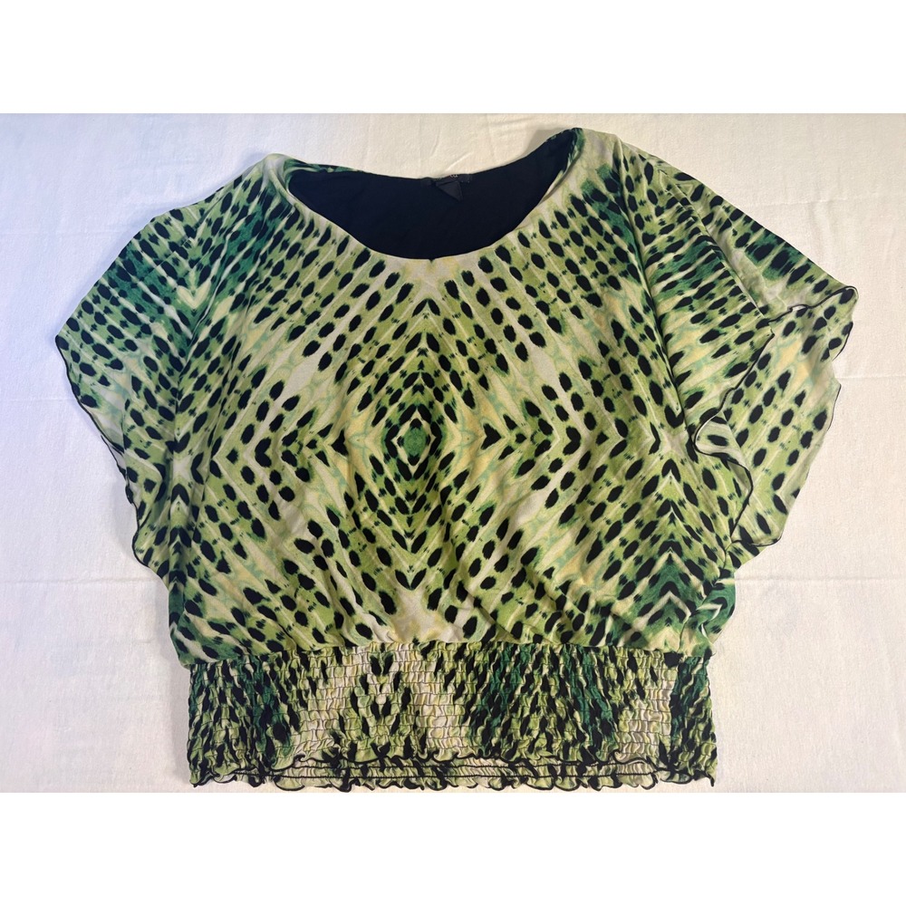 Style & Co Green Animal Print Smocked Hem Flutter Sleeve Blouse XL 1223
